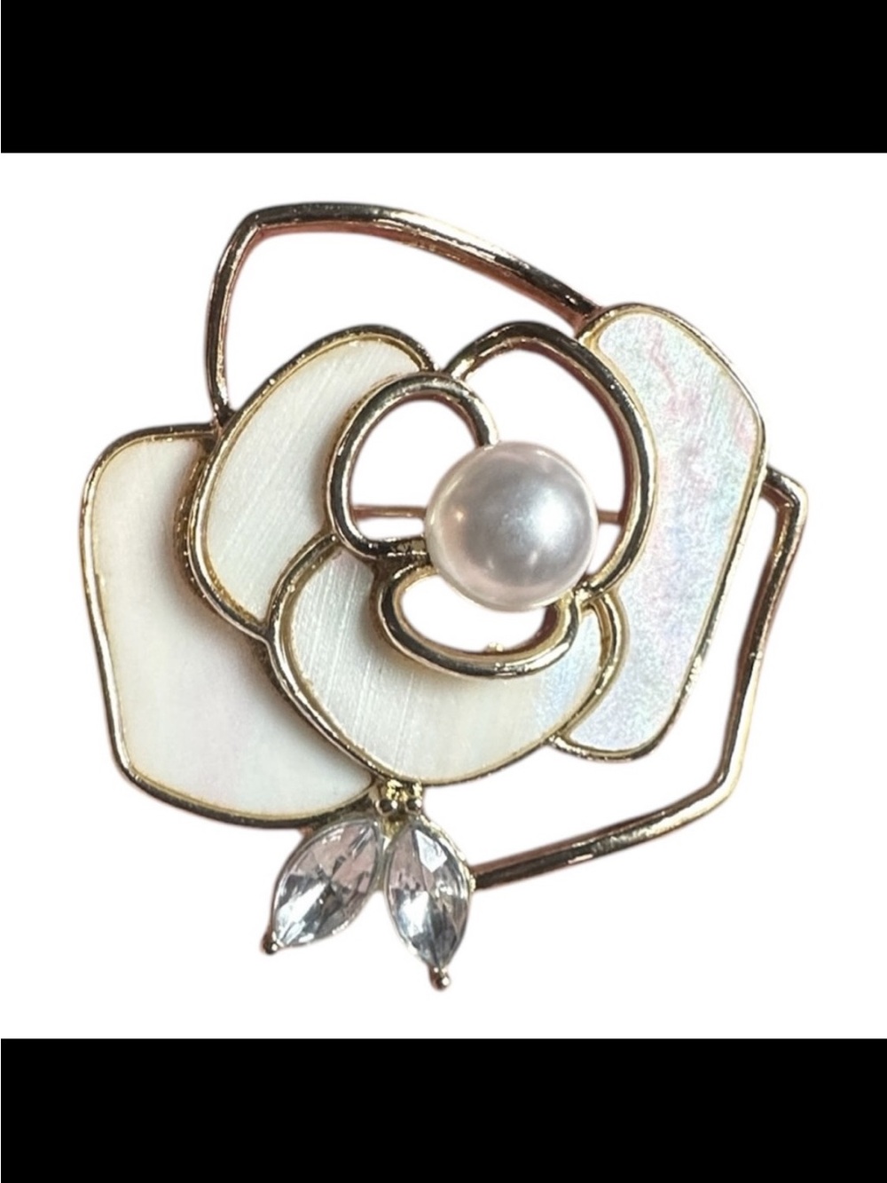 Gold tone flower brooch faux pearl & rhinestone Womenโs costume jewelry
